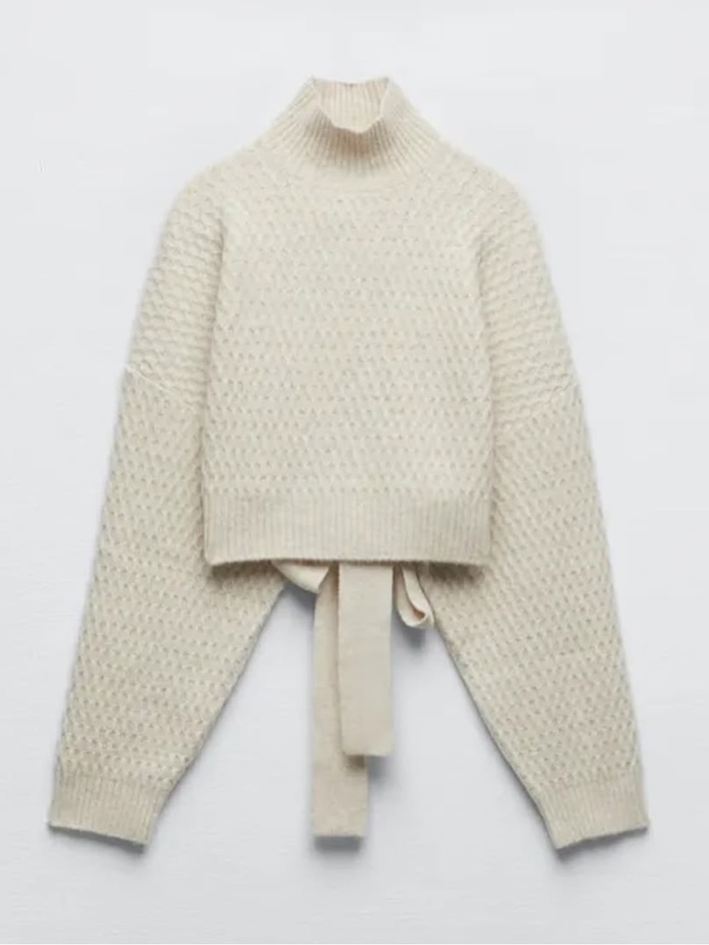 Zara Cream Wool Blend Knit Tie Back Turtleneck Sweater Sz S